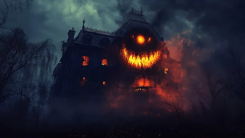 Haunted mansion consumed by fiery demonic jack o lantern.
