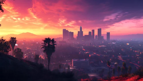 Neon sunset skyline over palm-lined modern metropolis. Period.