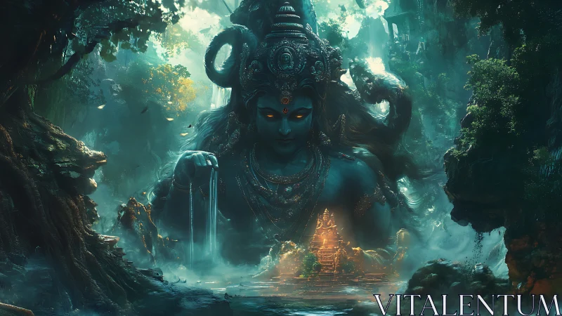 Giant blue deity rising over jungle temple and river.
