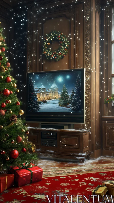 Snow filled Christmas interior with TV winter scene overlay