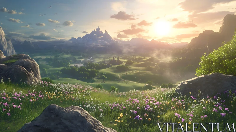 Sunlit fantasy valley with wildflowers, hills and castle.