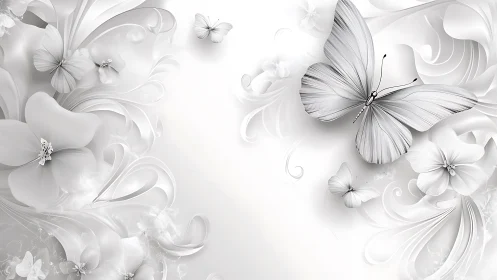 White butterflies and flowers on light abstract background.