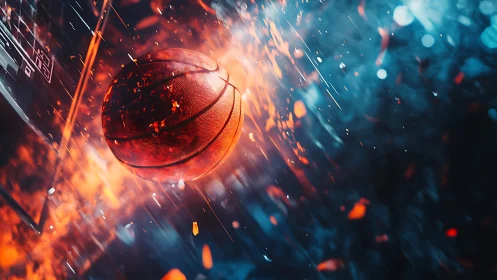 Basketball in motion with fiery light trails and sparks.
