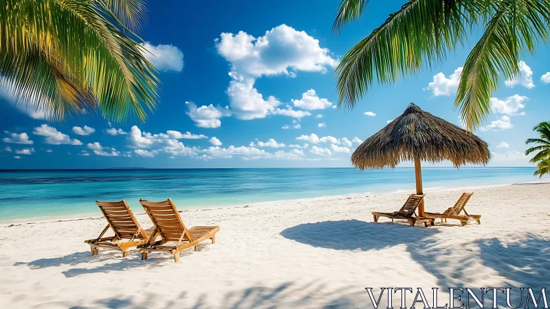 Tropical Beach Composition: Chaise Lounges, Thatch Umbrella, Turquoise Waters.