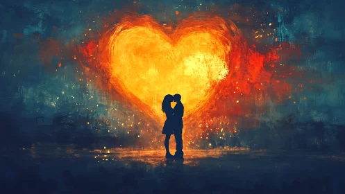 Two Hearts Dance Before a Glowing Heart of Fire