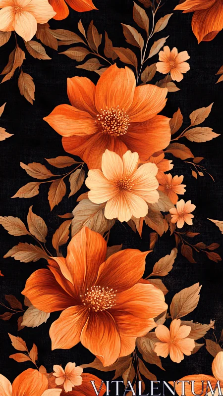 Blooming Orange Cosmos Against Black. Floral Pattern Design.