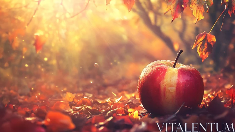 Red apple on autumn leaves under warm backlighting.
