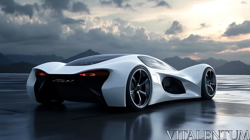 Stormlit hypercar glides across mirrored runway horizon.