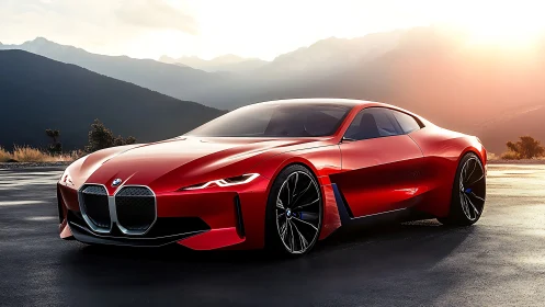 Red BMW concept sports car parked on mountain roadway