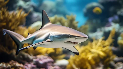 Reef shark glides through coral thicket like polished steel