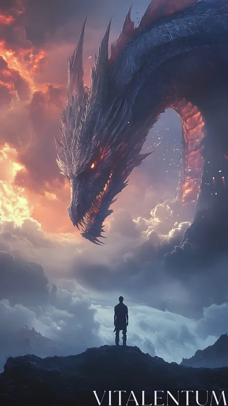 Stormlit dragon bends toward a lone hero on a jagged peak