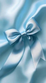 Soft blue satin bow rests gracefully on shimmering fabric