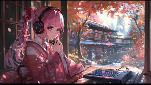 Kimono gamer girl streaming in autumn-lit shrine studio.