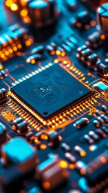 Microchip close-up with neon orange circuitry glow.