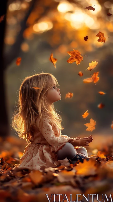 Young child seated among autumn foliage with falling leaves.