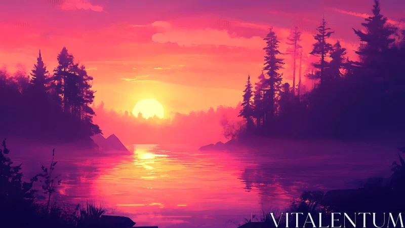 Radiant forest lake sunset glows in vivid magenta light.