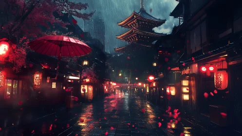 Rainfall illuminates a lantern lit street before a pagoda