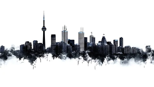 Monochrome city skyline emerges from abstract ink clouds