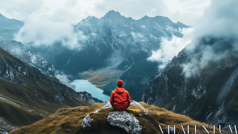 Hiker in red jacket overlooks misty alpine lake valley.