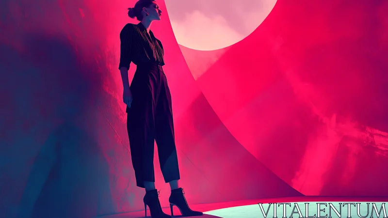 Neon-lit silhouette strides through sculpted pink horizon.