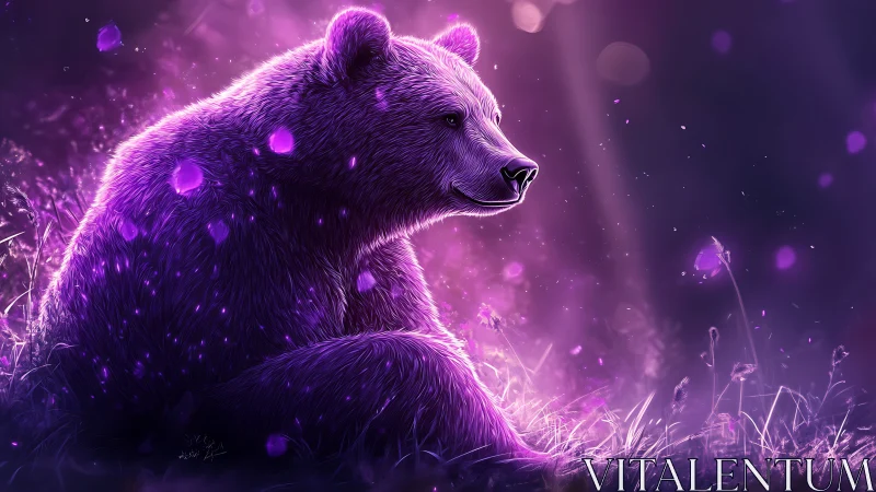 Luminous violet bear resting in glowing meadow twilight.