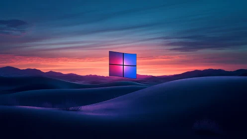 Dreamy neon window rising over tranquil digital dunes.