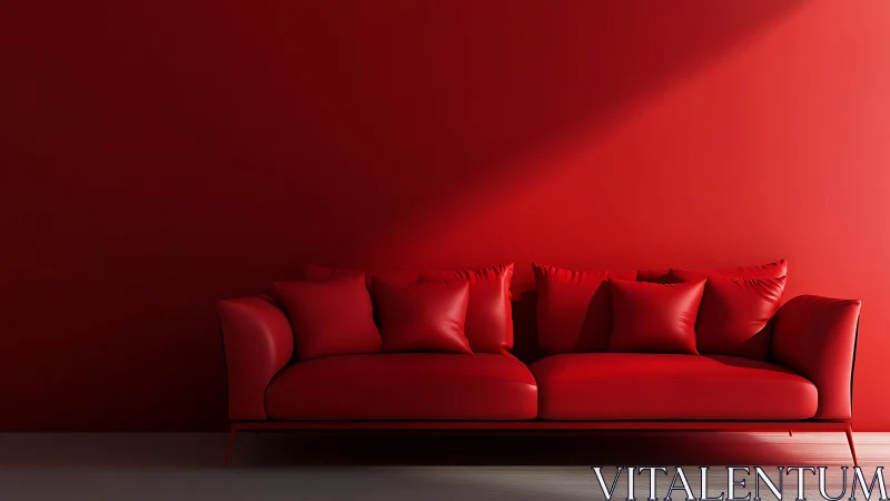 Red minimalist sofa against plain red wall interior.