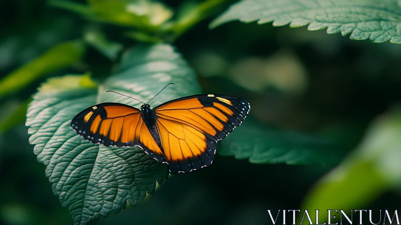 Monarch-like orange butterfly on textured green foliage.