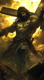 Crucifixion figure in high-dynamic chiaroscuro stormfield.