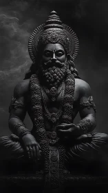 Majestic stone deity sits in meditative silence amid smoke