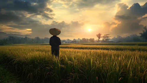 Farmer stands in rice field watching low sun over horizon