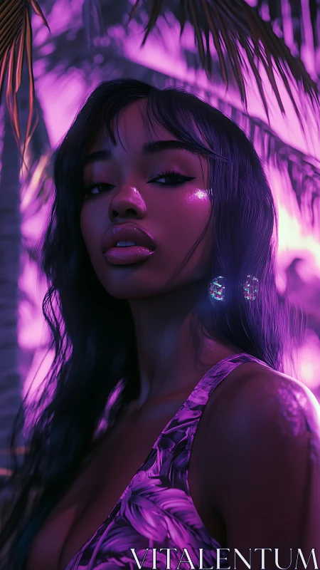 Neon-lit tropical portrait with glossy specular skin rendering.