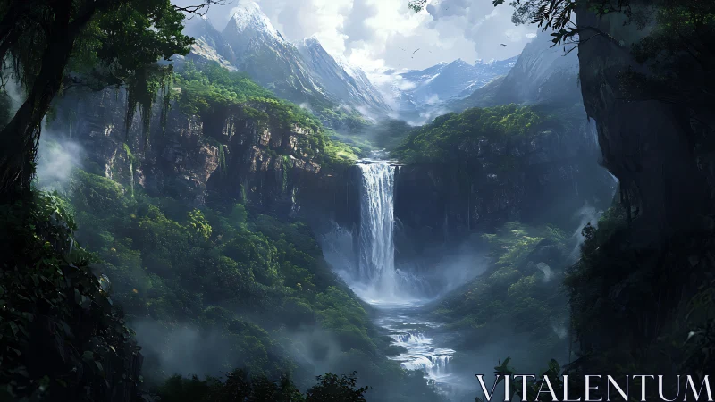 Mountain valley waterfall amid dense misty rainforest.