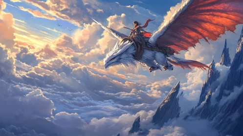 Skyborne rider on white dragon above luminous cloud spires.