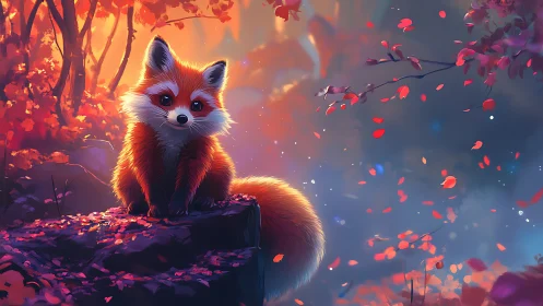 Red fox-like creature on forest rock in stylized light.
