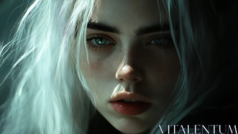 Moody close-up portrait with icy hair and green eyes.