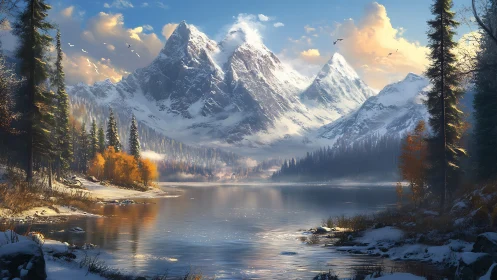 Snow-covered mountain lake with mixed conifer forest scenery.