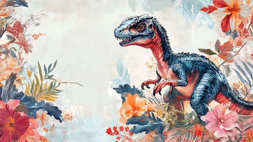 Blue jungle dinosaur stalks through vivid tropical blooms.