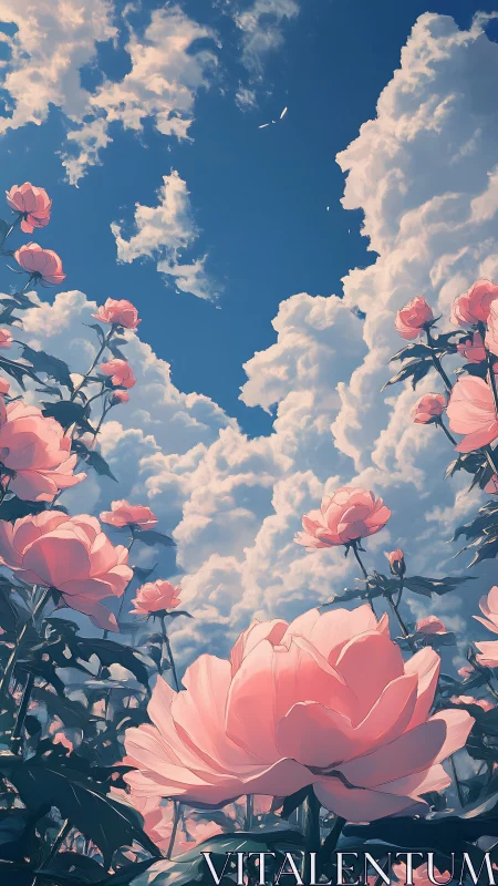 Digital painting of pink peonies against towering cumulus sky.