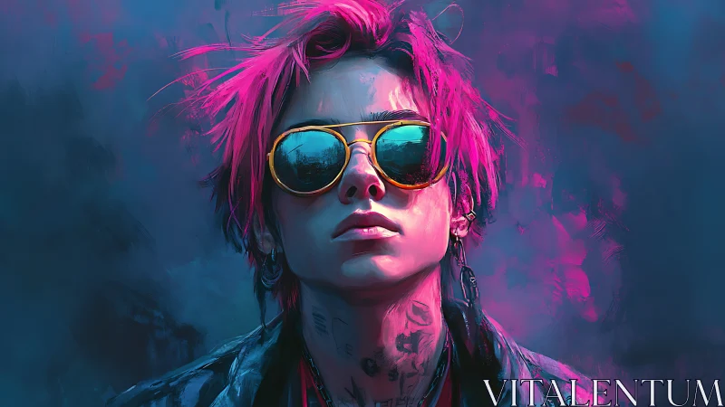 Neon haired figure in sunglasses against blurred gradient background.