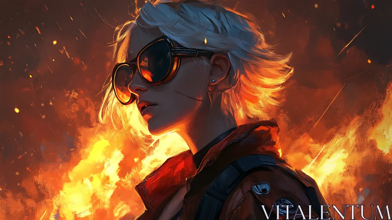 Profile of person with sunglasses before intense flames.