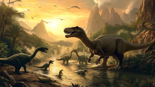Sunlit mesozoic river valley with diverse dinosaur species