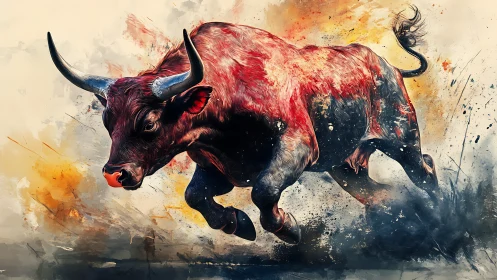 Running bull is rendered with energetic brushwork and motion