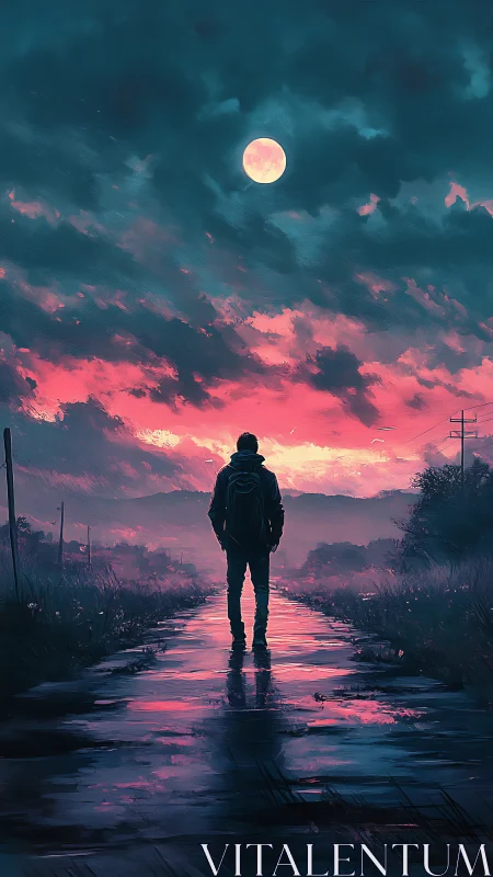 Lone wanderer beneath a neon dusk and patient moonlit sky.