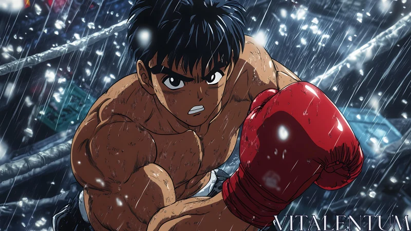 Champion's Downpour: Rain-Soaked Fighter Commands the Neon Night