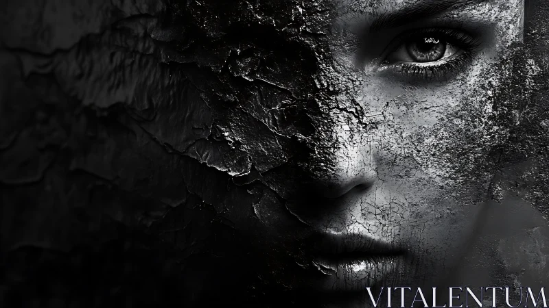 Monochrome cracked portrait merging face with eroded wall