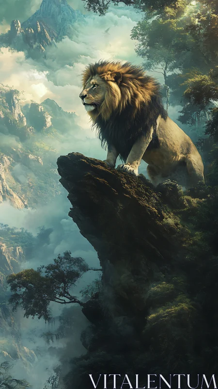 Proud lion overlooks misty mountain cliffs in quiet strength