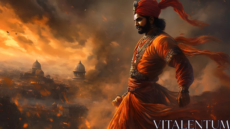 Warrior in orange robes above burning domed cityscape.