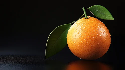 Sunlit orange glowing with fresh dewdrops and green leaves.