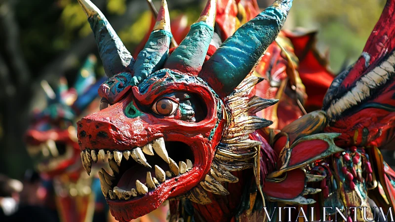 Carnival dragon masks bursting with fiery festival color.